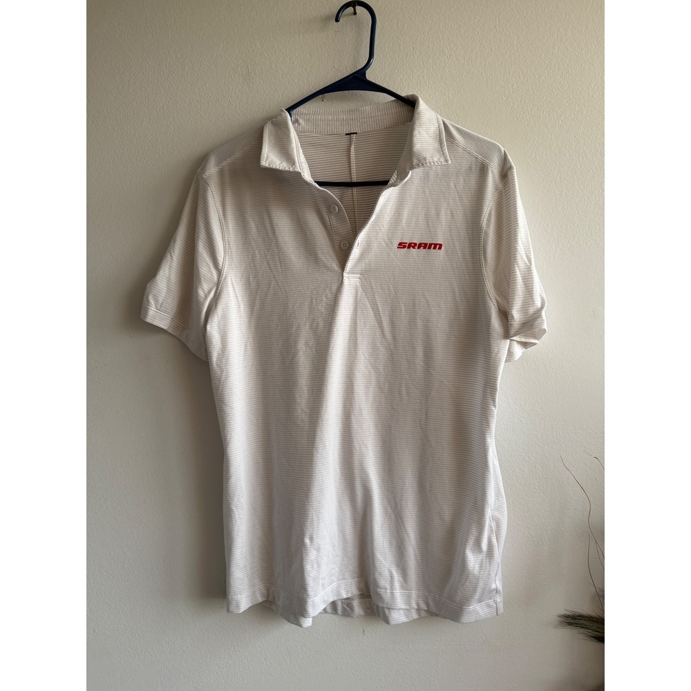 Lululemon SRAM Mens Short Sleeve‎ Striped Polo Shirt Cream White Size M 3653
